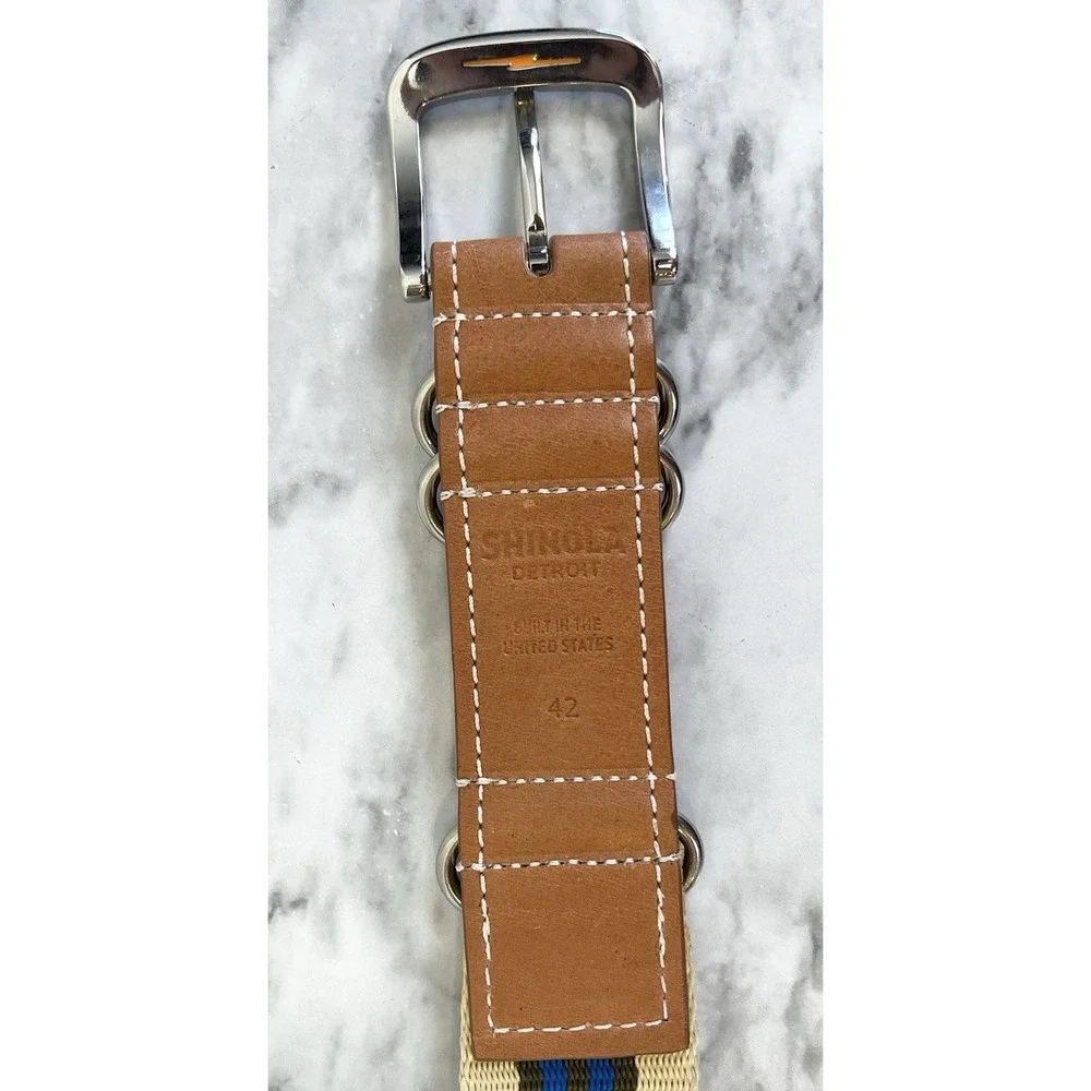 Shinola Detroit Brown Leather And Striped Woven Belt Sz 42 Men's Made In USA